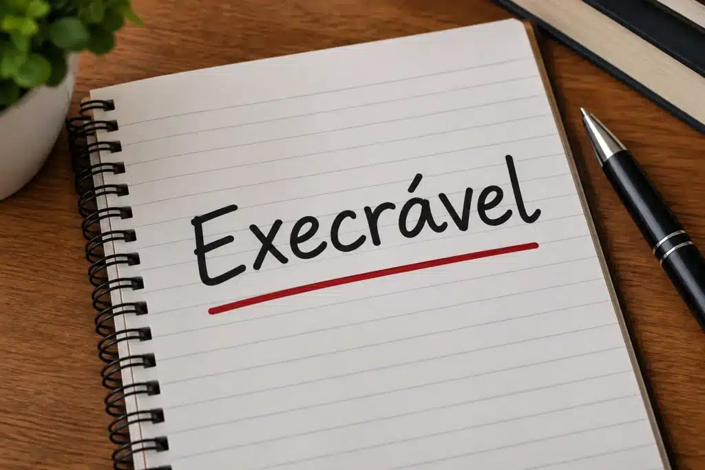 Caderno aberto sobre uma mesa com a palavra “Execrável” escrita em preto e sublinhada em vermelho, ao lado de uma caneta.