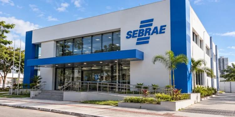 Edifício do Sebrae com fachada branca e azul, rampa e jardim ao lado em dia ensolarado, simbolizando as vagas de estágio do Sebrae.