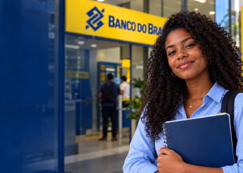 Jovem universitária negra sorrindo, segurando cadernos, diante de agência do Banco do Brasil, simbolizando as vagas de estágio para estudantes do ensino médio.