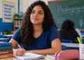 Jovem estudante de Pedagogia escreve em caderno dentro de sala de aula, com livros sobre educação e quadro escolar ao fundo.