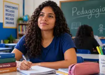 Jovem estudante de Pedagogia escreve em caderno dentro de sala de aula, com livros sobre educação e quadro escolar ao fundo.