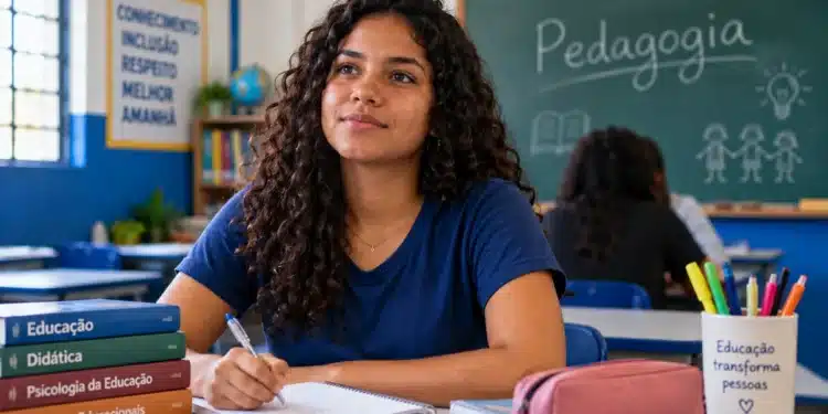 Jovem estudante de Pedagogia escreve em caderno dentro de sala de aula, com livros sobre educação e quadro escolar ao fundo.