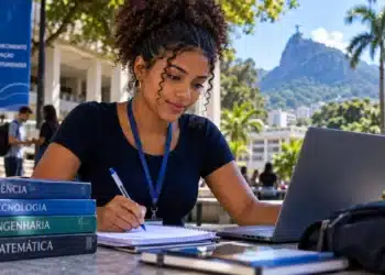 Universitária com cabelo cacheado estuda com notebook e livros de ciência, tecnologia, engenharia e matemática em ambiente acadêmico no Rio de Janeiro.