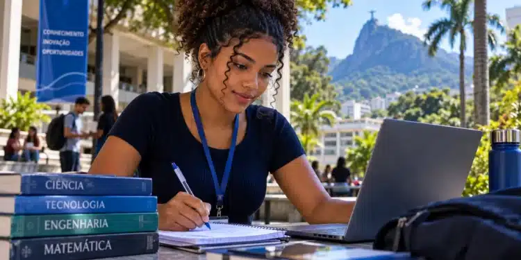 Universitária com cabelo cacheado estuda com notebook e livros de ciência, tecnologia, engenharia e matemática em ambiente acadêmico no Rio de Janeiro.