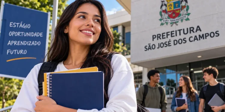 Jovem mulher segurando cadernos sorri em frente ao prédio da Prefeitura de São José dos Campos ao lado de três colegas, simbolizando as vagas de estágio.