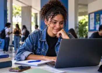 Estudante acessa notebook, representando a consulta às vagas remanescentes do Fies.
