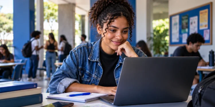 Estudante acessa notebook, representando a consulta às vagas remanescentes do Fies.
