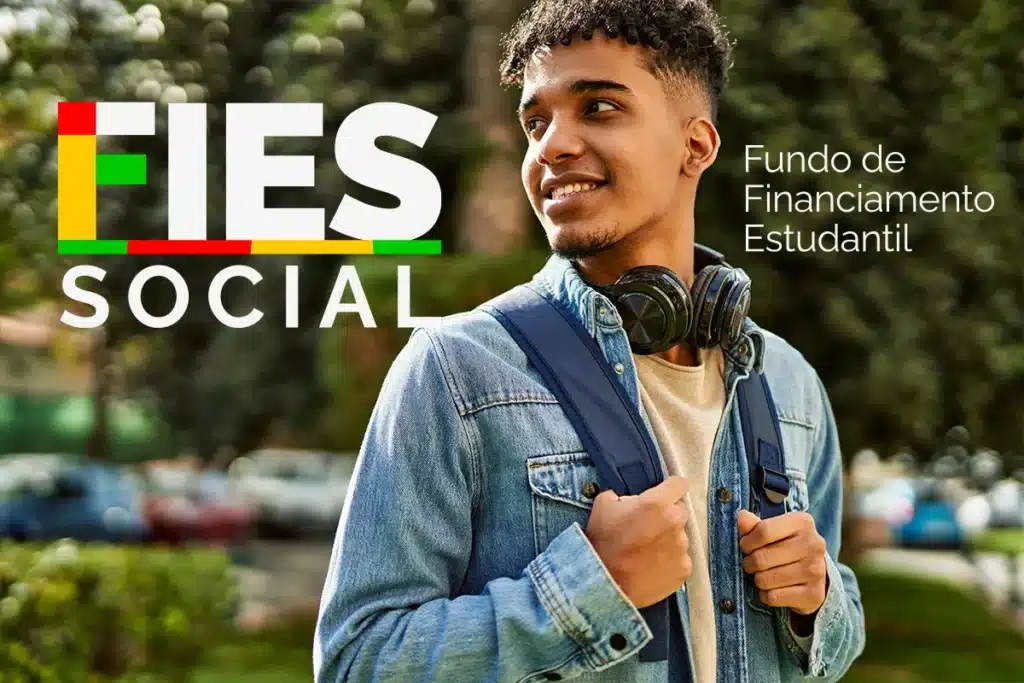 Estudante com mochila e fones de ouvido ao lado da identificação Fies Social, representando a reserva de vagas para inscritos no CadÚnico.