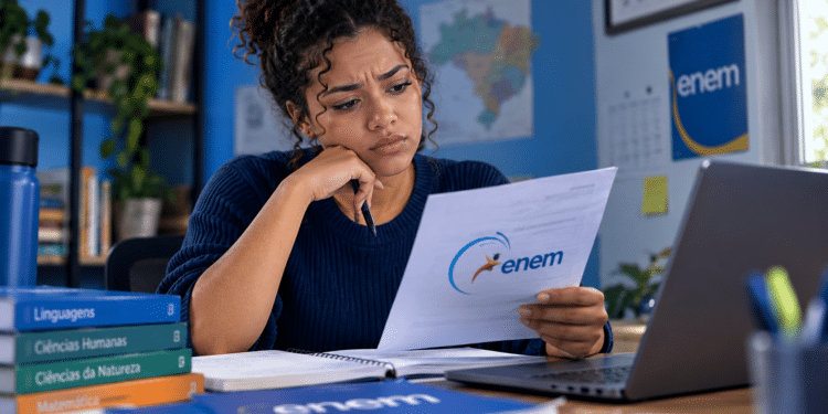 Estudante analisa documento do Enem, representando dúvidas sobre a validade das notas para ingresso no ensino superior.