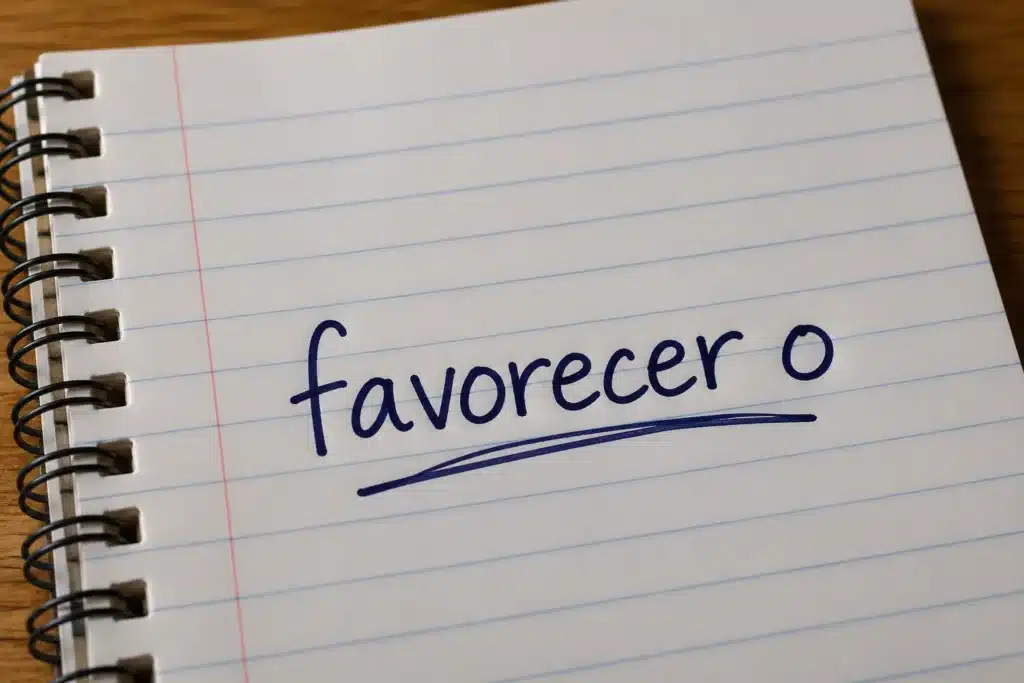 Caderno aberto com a expressão "favorecer o" escrita à mão e sublinhada, ilustrando a regência correta do verbo favorecer.