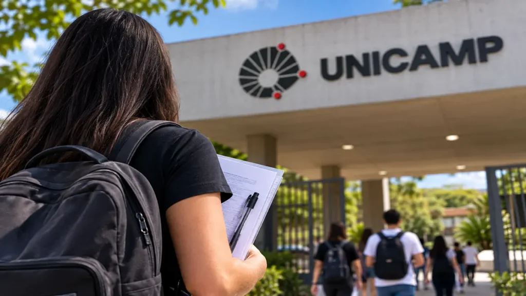 Estudante com mochila e apostila se aproxima da entrada da Unicamp com outros candidatos, simbolizando o vestibular da Unicamp 2027.