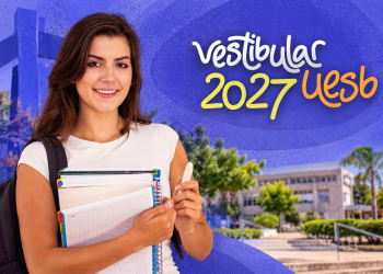Imagem ilustrativa de estudante com mochila e cadernos diante de prédio universitário, ao lado da inscrição Vestibular 2027 Uesb, em referência ao Vestibular Uesb 2027