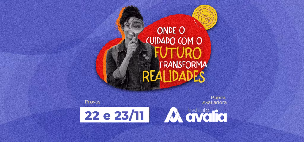 Peça de divulgação do Vestibular Uesb 2027 com estudante segurando uma lupa, a frase “Onde o cuidado com o futuro transforma realidades”, as datas das provas e a logomarca do Instituto Avalia como banca avaliadora