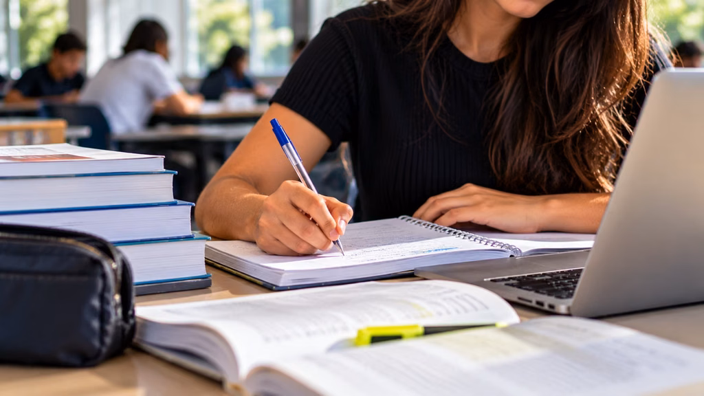 Estudante escrevendo em caderno com livros e notebook sobre a mesa, ilustrando a preparação para as provas do Vestibular Unesp 2027.