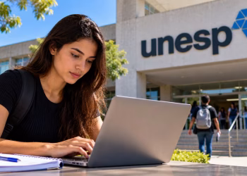 Estudante universitária utilizando notebook em frente à Unesp, que prorrogou as inscrições do Vestibular 2027 até 26 de outubro.